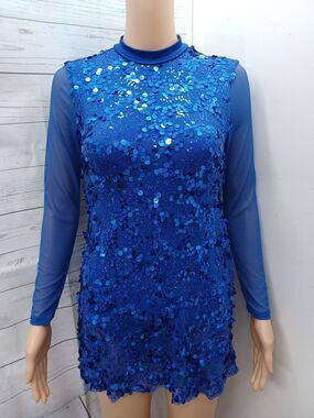Courtain Call Dance Leotard Child XL Blue Gymnastics Costume Sequined